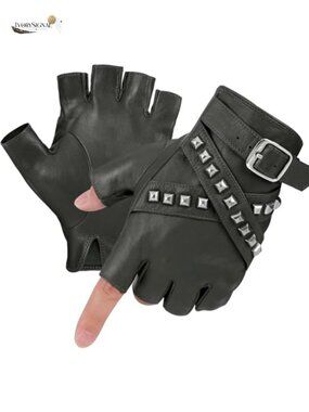 Fingerless Sheepskin Leather Gloves Half Finger Punk Driving Motorcycle